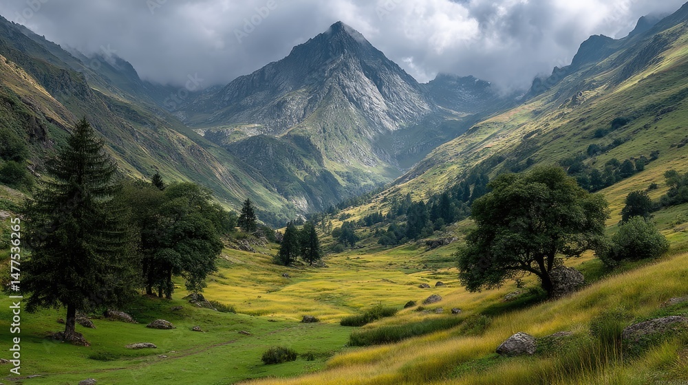Fototapeta premium Majestic highland landscape with clouds over mountain peak nature view scenic environment