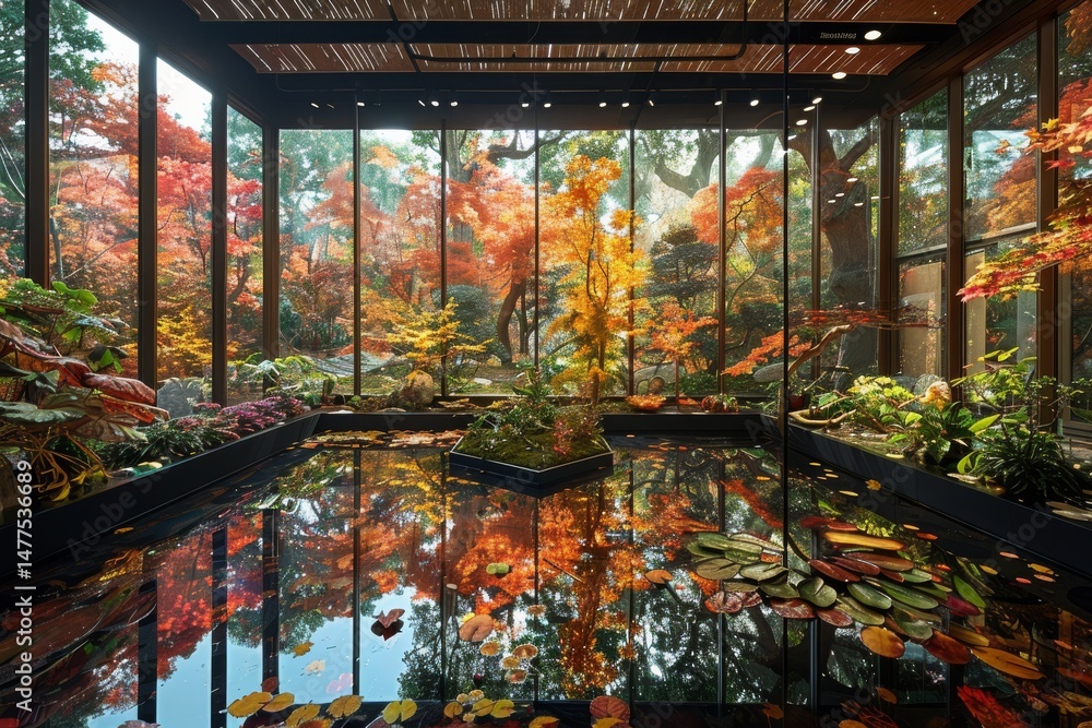 Fototapeta premium Vibrant autumn garden with reflective pond and colorful foliage in a serene enclosed space