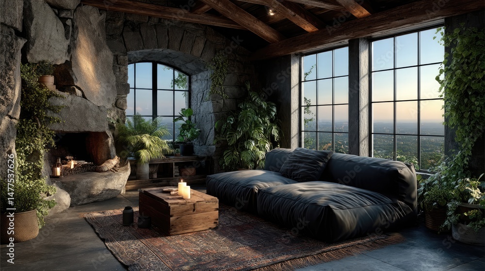 Fototapeta premium Scandinavian interior design with large windows and plants cozy living room urban setting sunset view