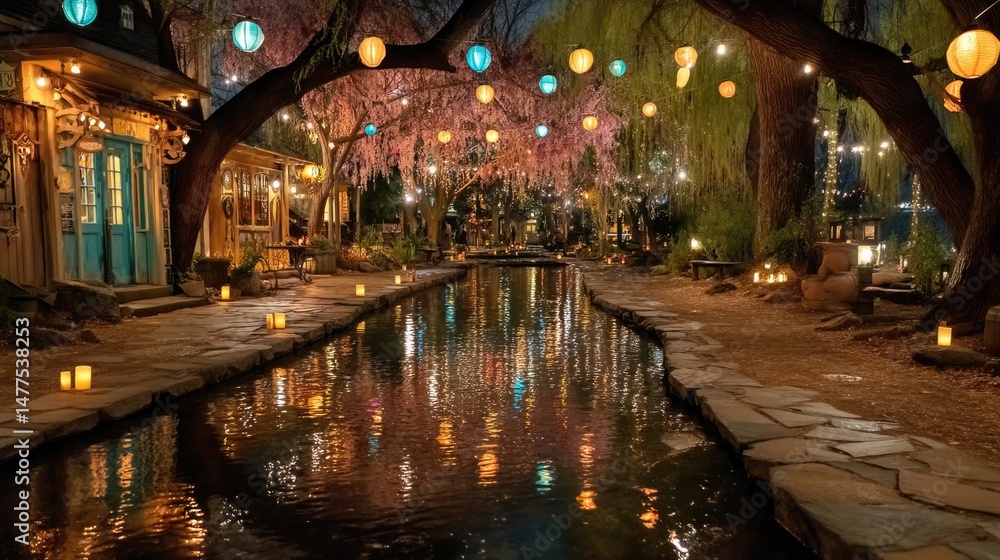 Fototapeta premium Enchanting nighttime village scene with lanterns reflections on water cozy atmosphere