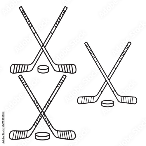 Sets of Crossed Hockey Sticks and Pucks Illustration, Crossed Hockey Sticks and Puck Icon, Collection of Black Hockey Sticks silhouettes