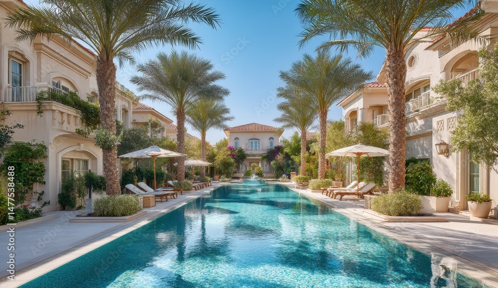 Fototapeta premium Serene Luxury Oasis Poolside with Palm Trees and Elegant Villas