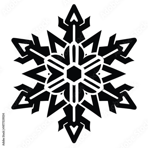 Intricate black snowflake emblem presents an artistic, geometrically stylized pattern with symmetrical balance and sharp detail