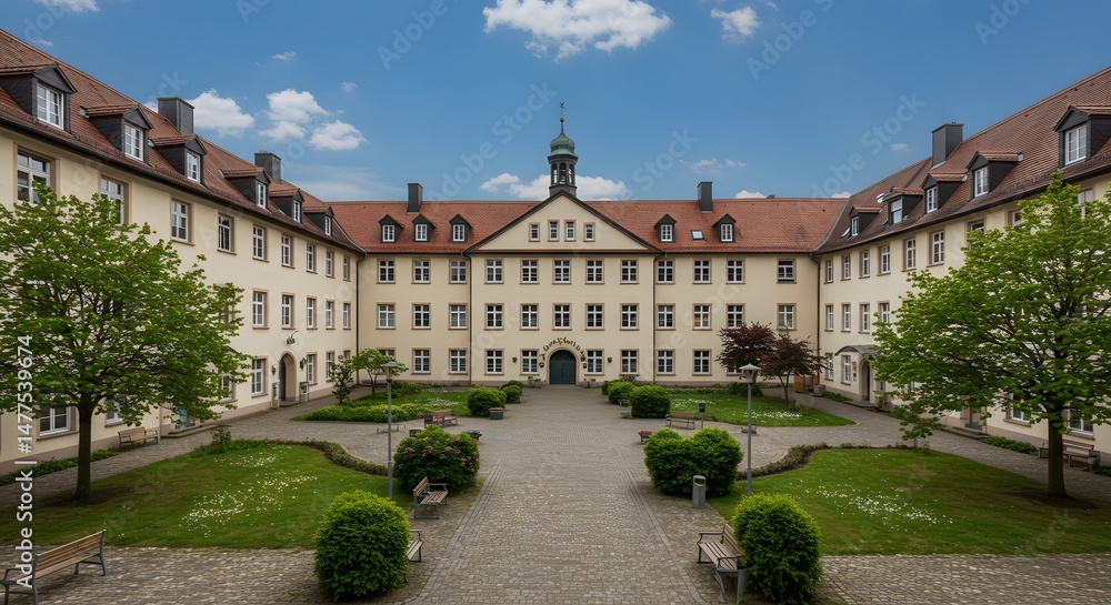 Building Facade with Inner Courtyard and Greenery Under Cloudy Sky Building Facade with Inner Courtyard and Greenery Under Cloudy Sky