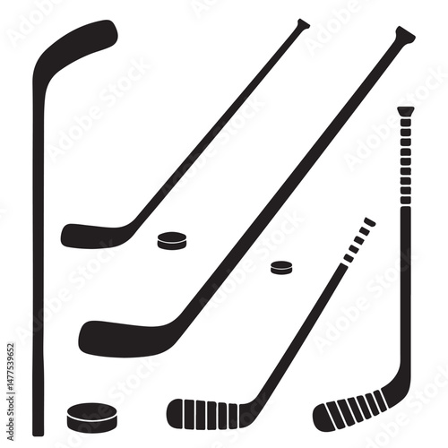 Sets of Crossed Hockey Sticks and Pucks Illustration, Crossed Hockey Sticks and Puck Icon, Collection of Black Hockey Sticks silhouettes