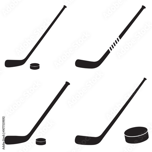 Sets of Crossed Hockey Sticks and Pucks Illustration, Crossed Hockey Sticks and Puck Icon, Collection of Black Hockey Sticks silhouettes