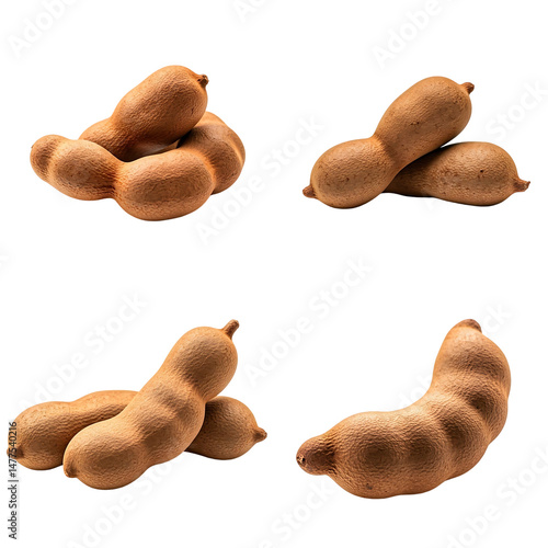Tamarind Pods: A Close-Up View of the Fruit's Unique Texture and Shape, Displaying Various Angles and Configurations Against a Black Background. Isolated Shots Showcase the Tamarind's Details.