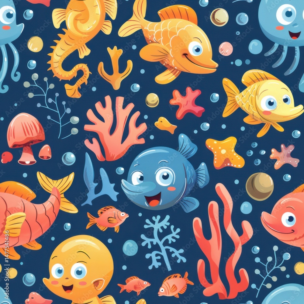 Obraz premium seamless repeating pattern of bright cartoon jellyfish, fish, seahorses, starfish, and undersea plants