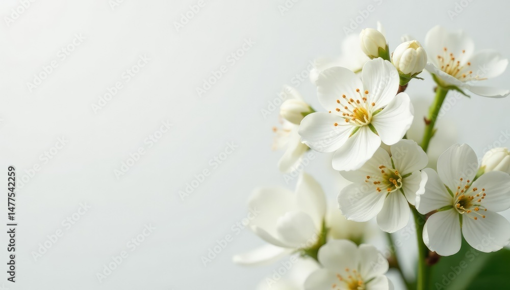 Obraz premium Delicate white flower blossoms on pure white background, white, light, closeup