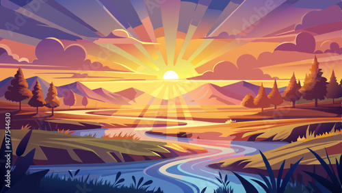  The first rays of the rising sun spill across the landscape like liquid light, casting long soft shadows and bathing the field in a warm, serene glow. It’s a moment of quiet awakening and gentle beau