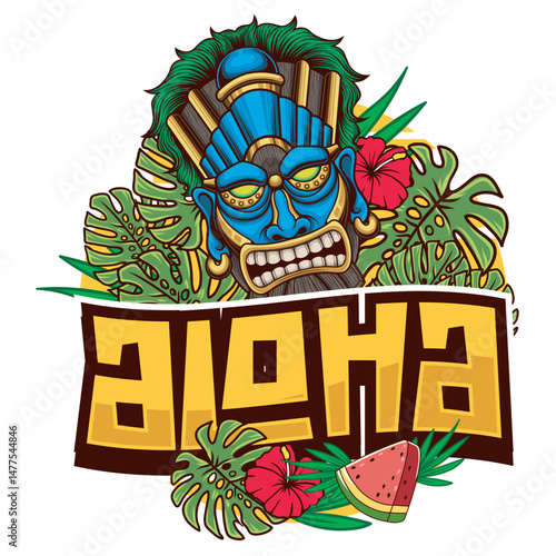 Vector Illustration of Tiki Mask with Retro Vector Illustration Available for Tshirt Design