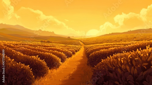 Scenic Sunset Over Rolling Hills with Pathway Through Golden Fields