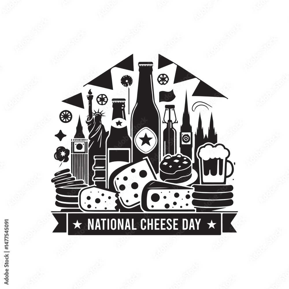 Fototapeta premium National Cheese Day Silhouette Vector Illustration, Solid White Background.