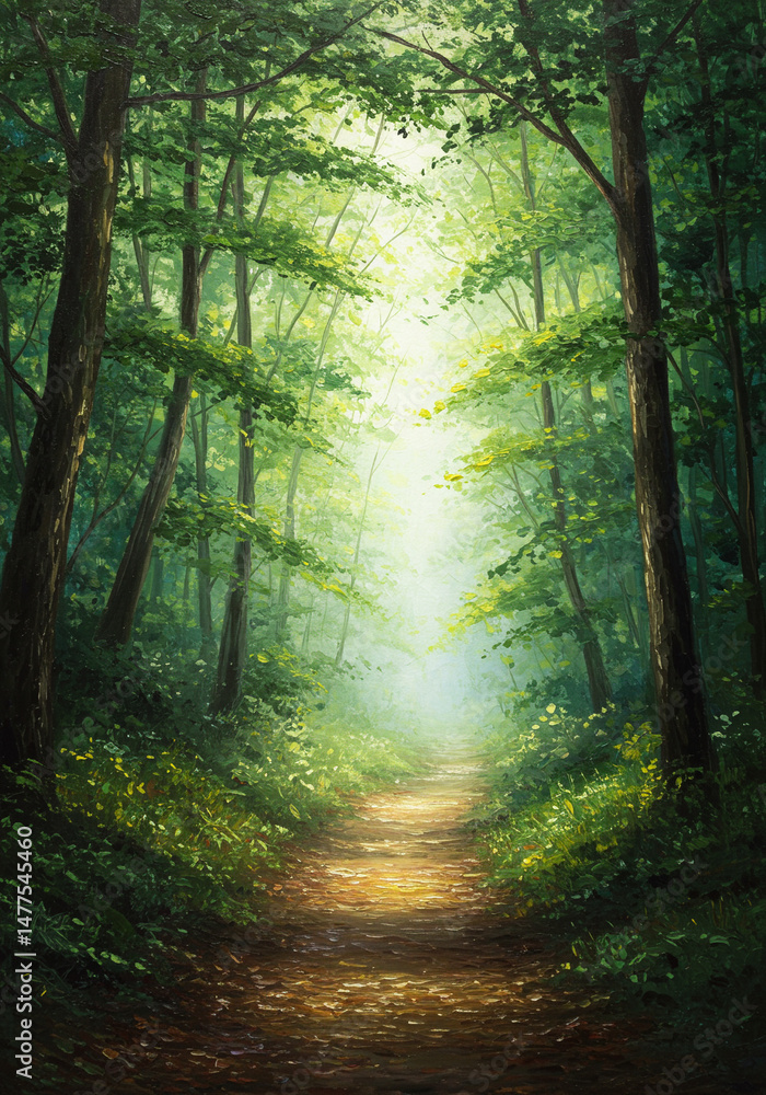 Obraz premium Forest path glows with sunlight
