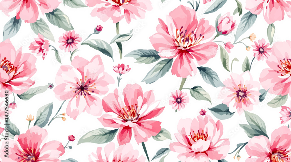 Fototapeta premium Pink watercolor flowers background for design. Floral border frame card template.
