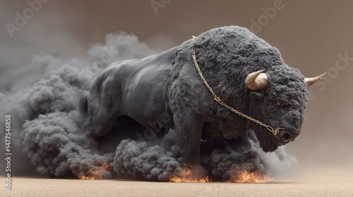 Powerful bison charging through smoke and fire