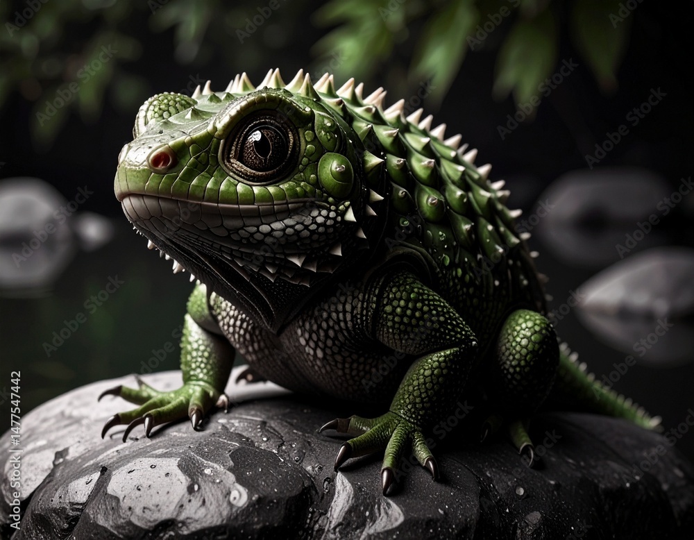 Fototapeta premium Portrait of Imaginary Green Lizard on a Rock