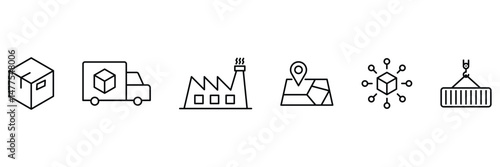 Supply chain process icon set logistics delivery warehouse tracking shipping industry manufacturing map container distribution vector illustration business outline concept.