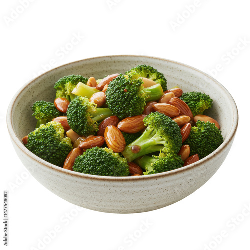 Fresh broccoli and almonds in a bowl, showcasing a healthy meal preparation scene