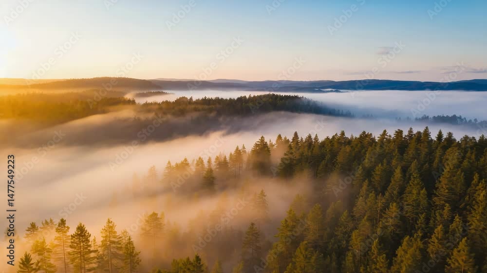 Aerial view of lush evergreen forest and rolling hills swathed in morning mist during sunrise Aerial view of lush evergreen forest and rolling hills swathed in morning mist during sunrise