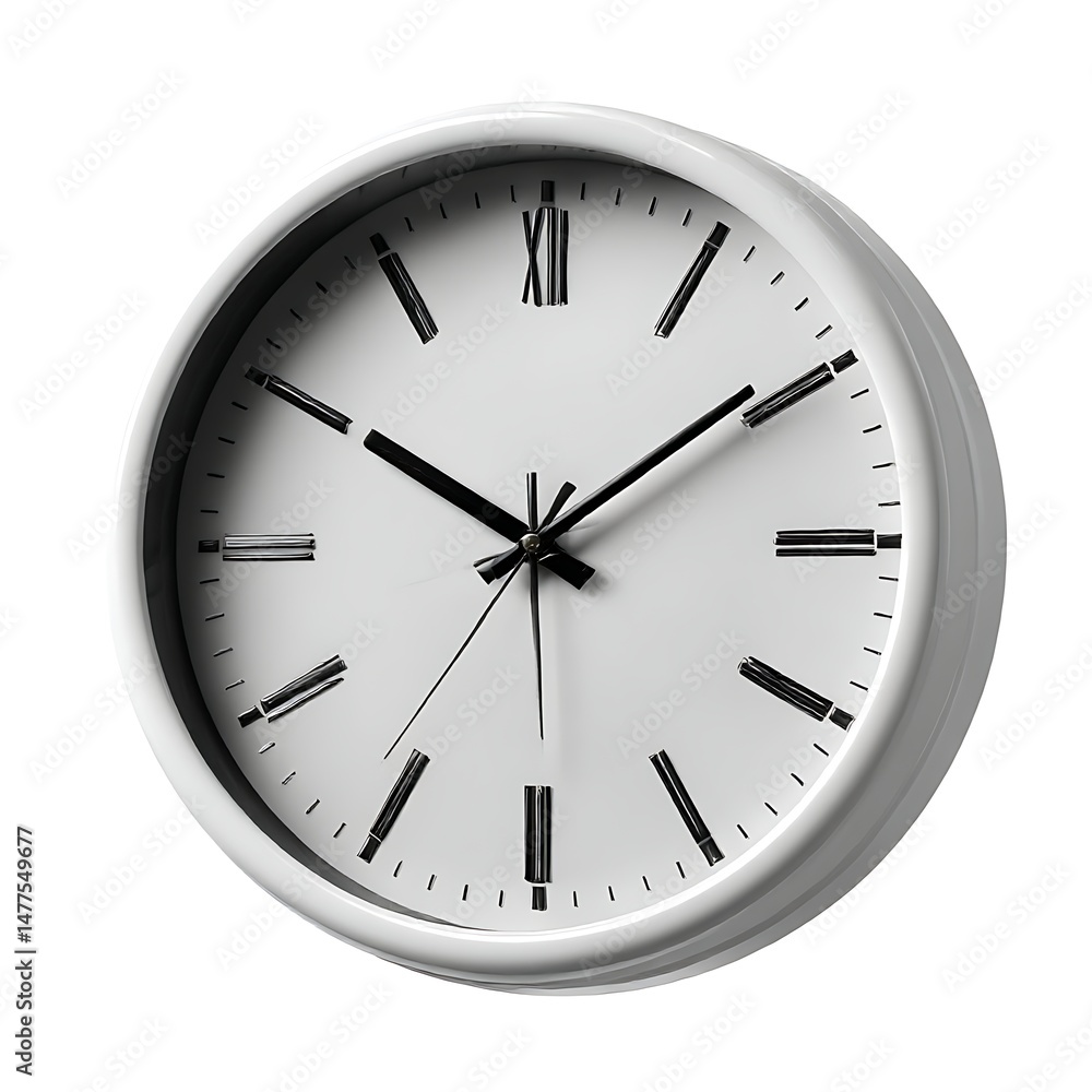 A simple, white, round wall clock is isolated on a white background A simple, white, round wall clock is isolated on a white background