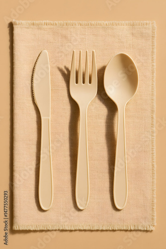 Eco-friendly cutlery set made of biodegradable material, placed on a fabric napkin, symbolizing sustainable dining, zero waste lifestyle, and eco-conscious alternatives to plastic utensils
