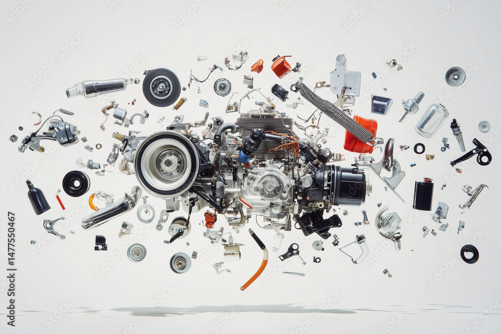 Obraz premium Exploded View Of Disassembled Engine Components On A White Background