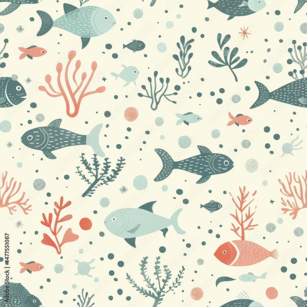 Obraz premium seamless underwater cartoon pattern of fish and sea creatures, soft gradients, cute faces, and bright aquatic colors
