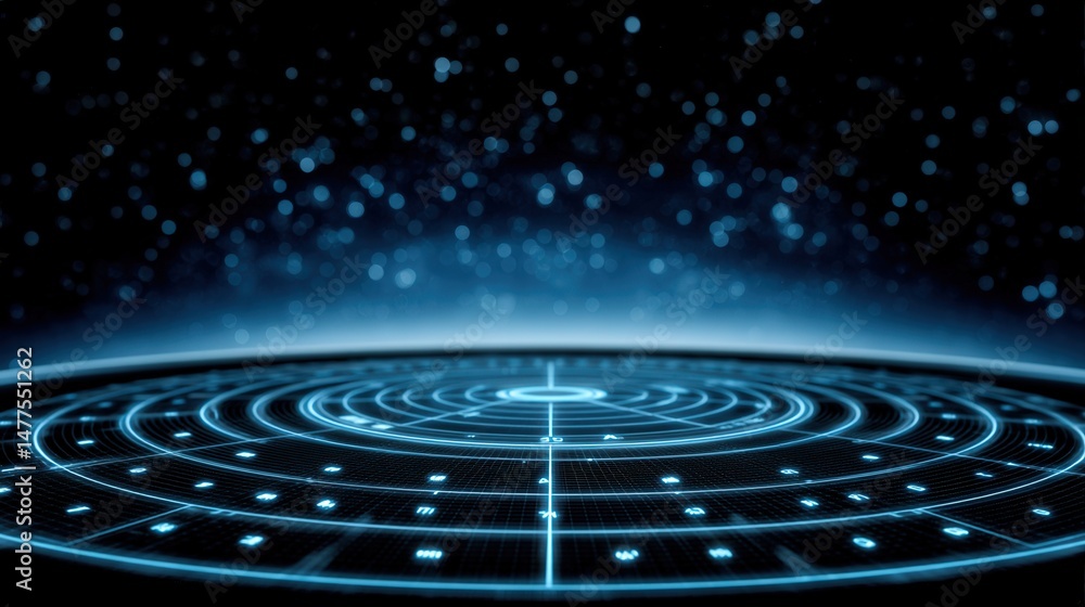 Fototapeta premium Captivating digital representation of a circular grid pattern illuminated by blue lights against a dark cosmic background emphasizing innovation and high-tech exploration