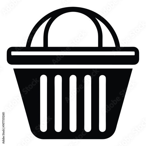 Black shopping basket icon features an open container and two handles for convenient carrying
