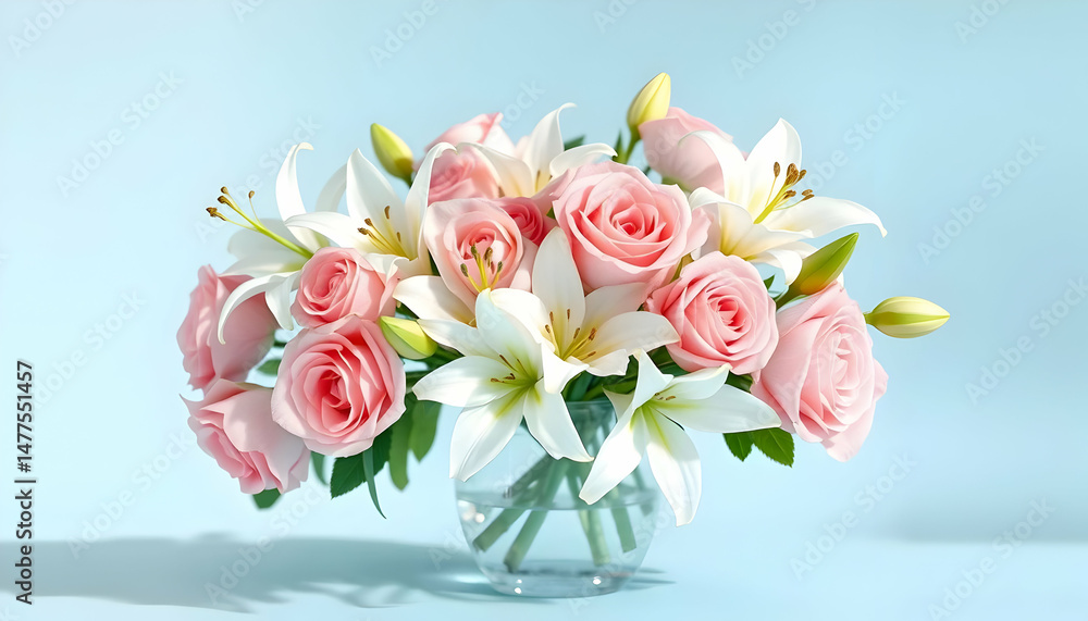 A delicate arrangement of pastel pink roses and white lilies in a clear glass vase. A delicate arrangement of pastel pink roses and white lilies in a clear glass vase.