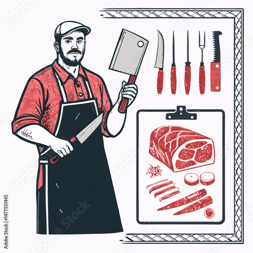 A seasoned butcher, hands calloused, confidently holds a meat cleaver near meticulously cut charcuterie meats, showcasing his expertise and the high quality of his product.
