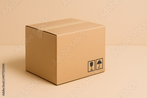 Cardboard box with fragile item symbols, indicating safe handling and eco-friendly packaging for delicate products, highlighting responsible shipping and sustainable packaging solutions
