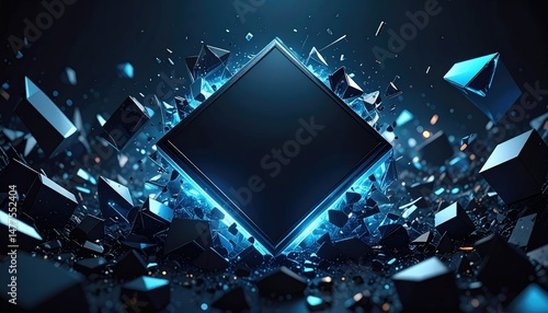 Abstract dark blue design featuring exploding cubes and glowing square elements