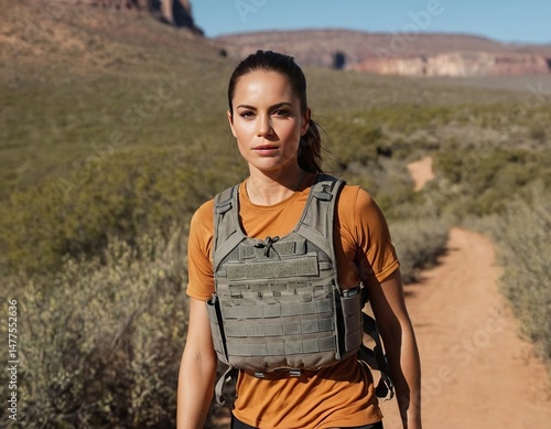 Confident Caucasian woman in tactical gear on a hiking trail amidst lush greenery.