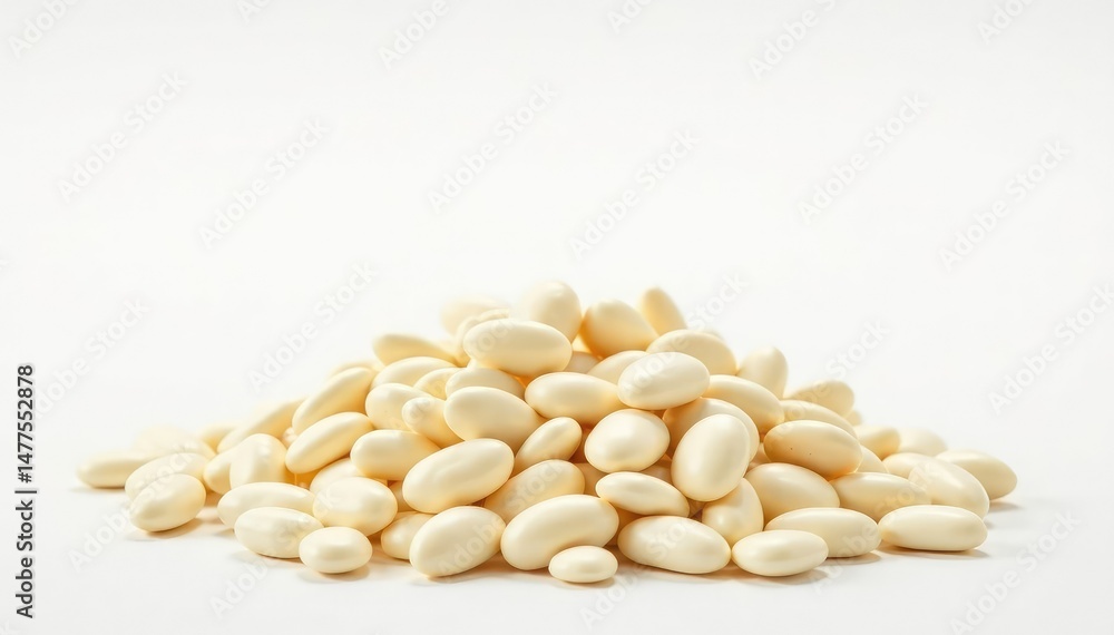 Pile of white beans against bright white backdrop, healthy, white backdrop, plant based diet Pile of white beans against bright white backdrop, healthy, white backdrop, plant based diet