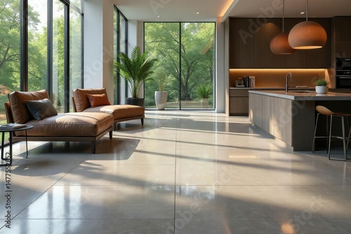 Perfectly integrated tile flooring in a modern setting, white, style, interior