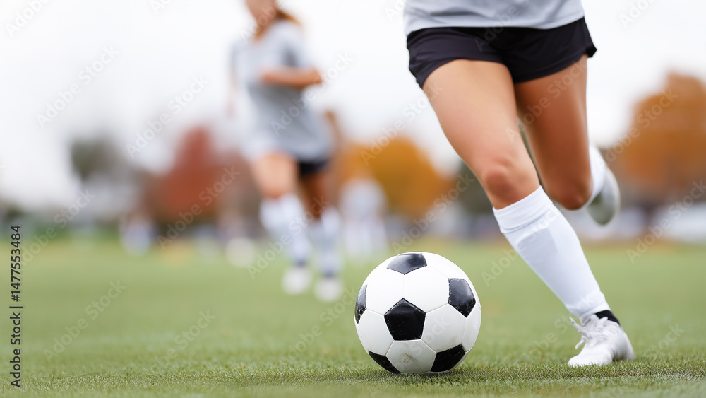 Fototapeta premium Female football player dribbling ball during women's soccer game