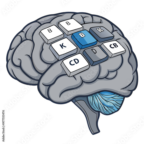A whimsical illustration of a gray cartoon brain with embedded keyboard keys, showcasing a quirky blend of intellect and technology.
