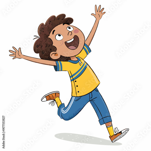 A joyful cartoon child with bright clothing executes a dynamic flying header soccer move, mouth wide open in a yell of excitement.