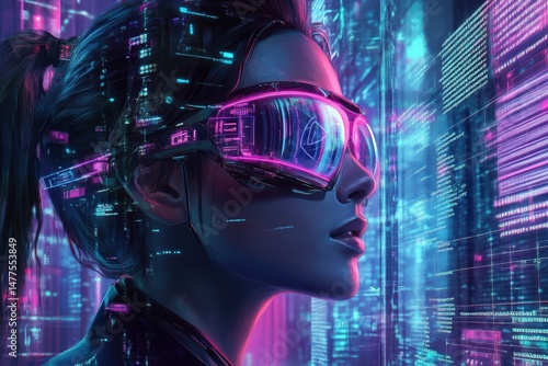 Wallpaper Mural Futuristic woman wearing augmented reality glasses in a vibrant city. Torontodigital.ca