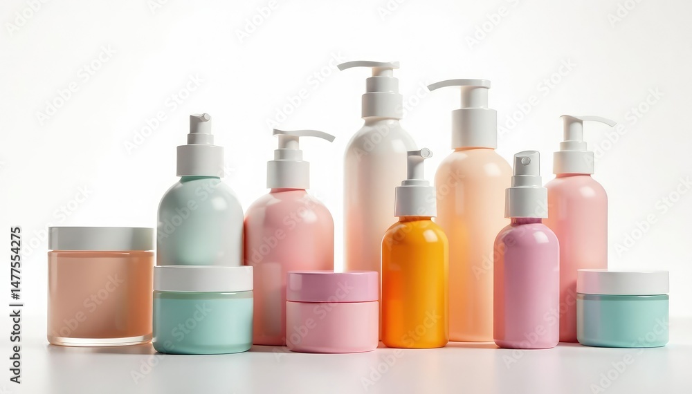 Set of diverse cosmetic bottles on white backdrop, cosmetics, bottles Set of diverse cosmetic bottles on white backdrop, cosmetics, bottles