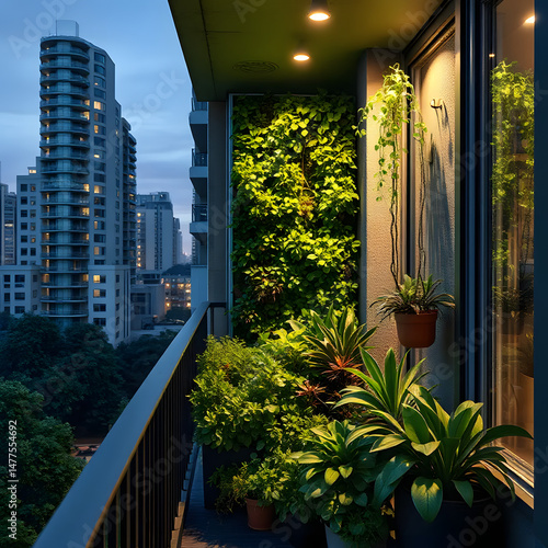 Urban apartment balcony with lush vertical garden and potted plants at dusk, symbolizing sustainable city living, green architecture, and eco-friendly lifestyle in modern metropolitan areas
