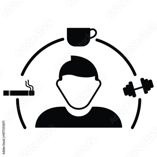 Lifestyle icon modern activity habit addiction routine health coffee workout smoking fitness wellness person vector illustration symbols isolated.