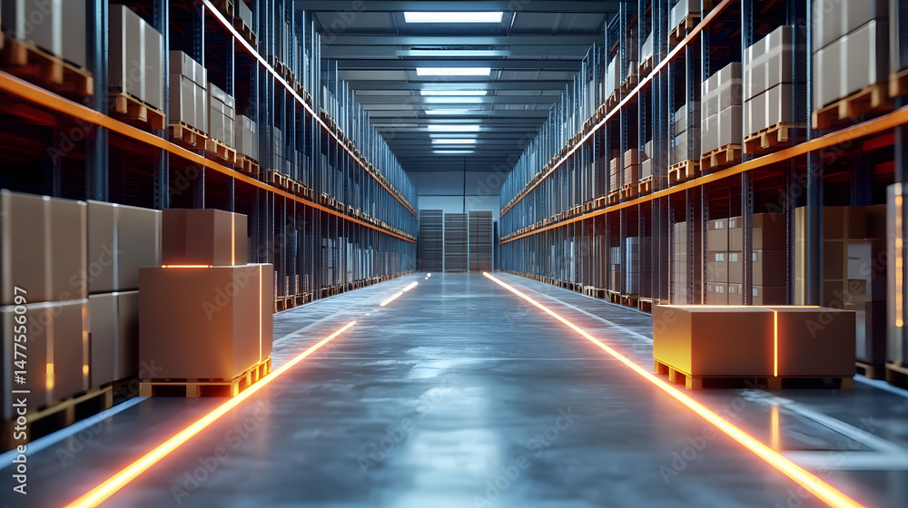 Obraz premium Smart warehouse management system using augmented reality technology to identify package picking and delivery . Future concept of supply chain and logistic busines