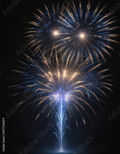 Vibrant blue firework display, isolated on black background with stars ,  spectacular,  vibrant,  fireworks overlay
