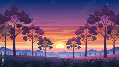  In the distance, a line of trees stands like silent guardians, framing the horizon with dark silhouettes. Above, the sky transitions from deep violet to pastel orange, welcoming a new day with grace.
