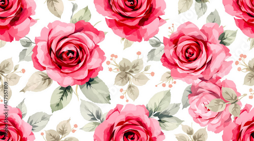Seamless pattern watercolor background pattern red rose flowers on white background