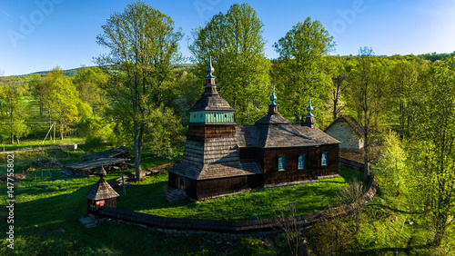Fototapeta Naklejka Na Ścianę i Meble -  Aerial drone view of St. Cosmas and Damian Orthodox Church, Bartne, Poland