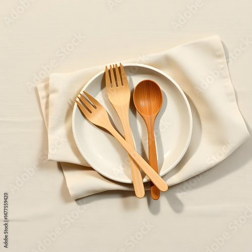 Minimalist eco-friendly wooden cutlery set on white plate with fabric napkin, symbolizing sustainable dining, zero waste lifestyle, and natural alternatives to plastic kitchenware
